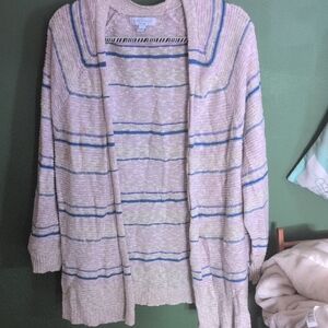 Cream and Blue Long Cardigan Sweater